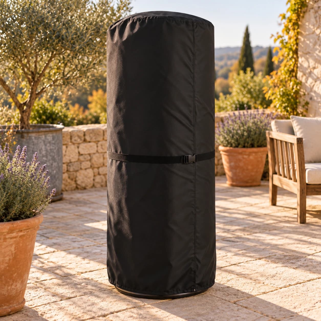 Housse noire couvrant un chauffage d'appoint posé sur une terrasse en pierre