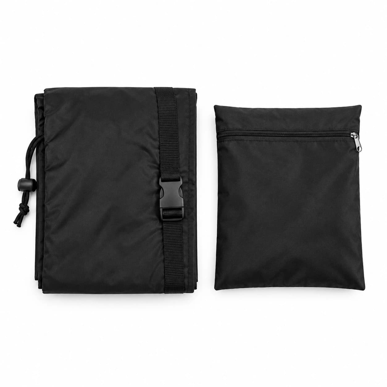 Pochette de rangement noire et housse pliée à plat, côte à côte