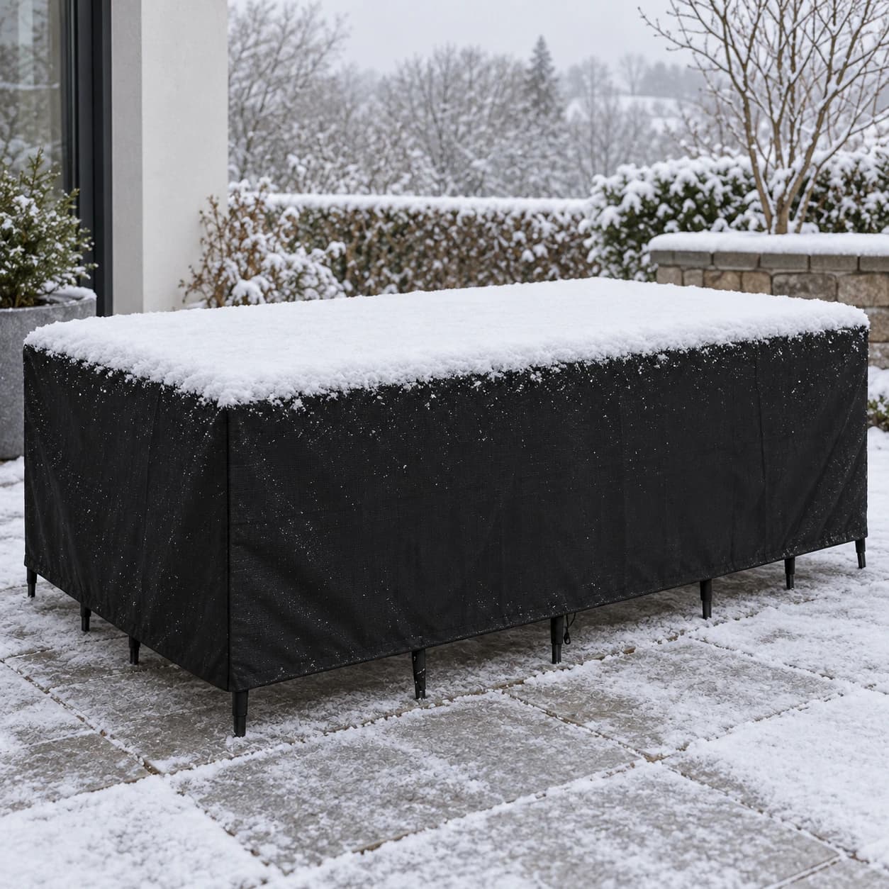 Table de jardin couverte par la housse noire sous la neige en hiver