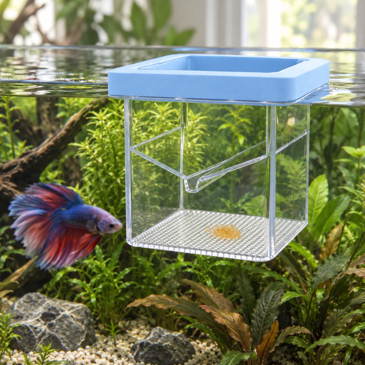 La boîte d'élevage en flottaison à la surface d'un aquarium planté, une ponte sur le fond