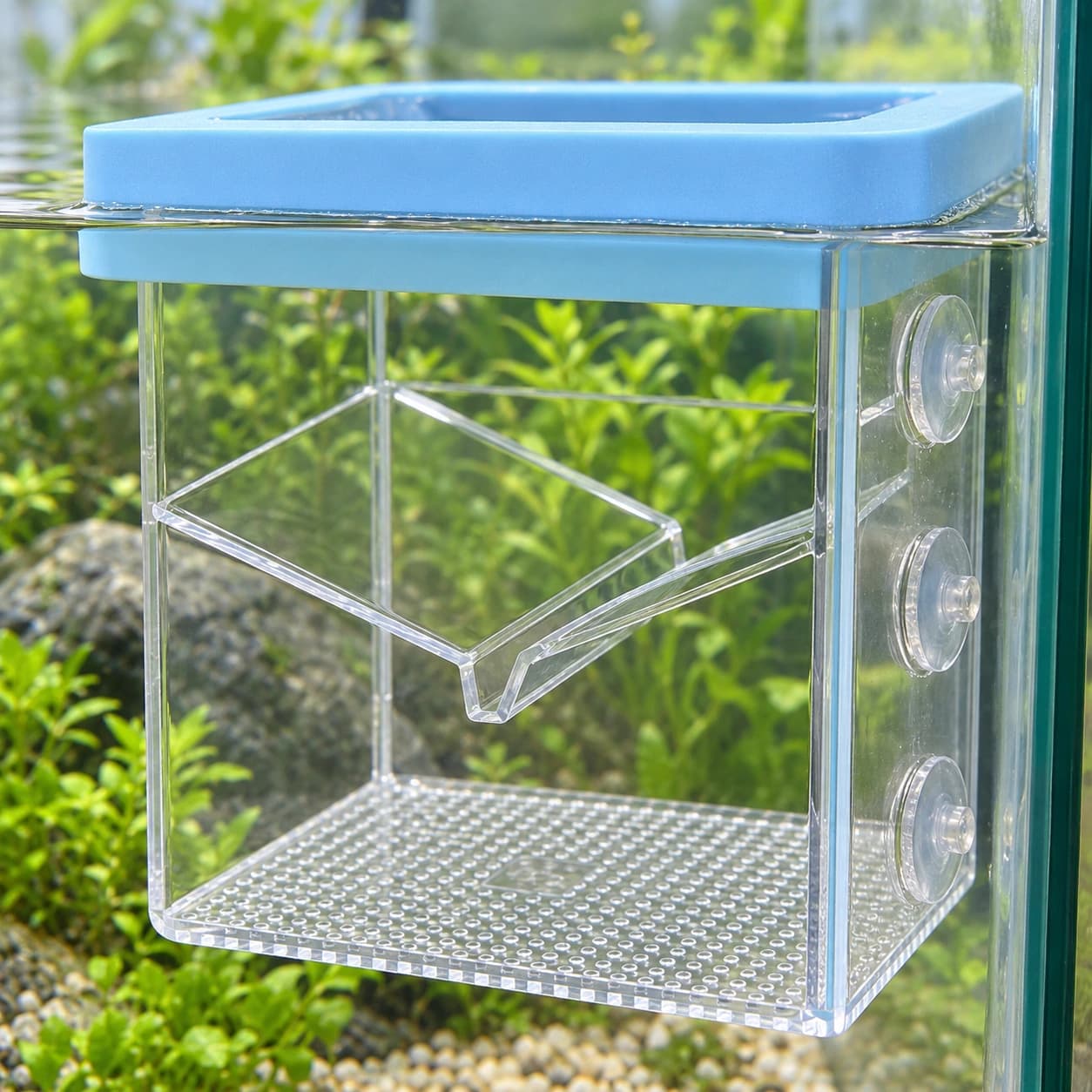 Les trois ventouses de la boîte pressées contre la vitre d'un aquarium