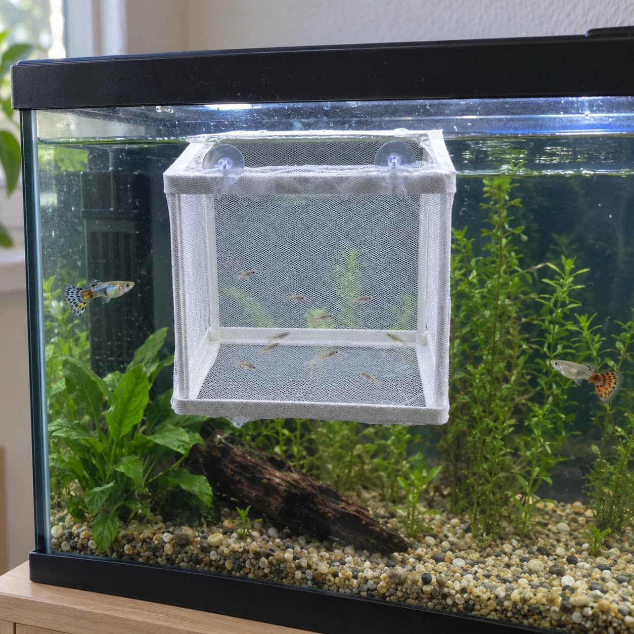 Le panier posé dans un bac d'ensemble, la maille laissant voir l'eau et les plantes au travers