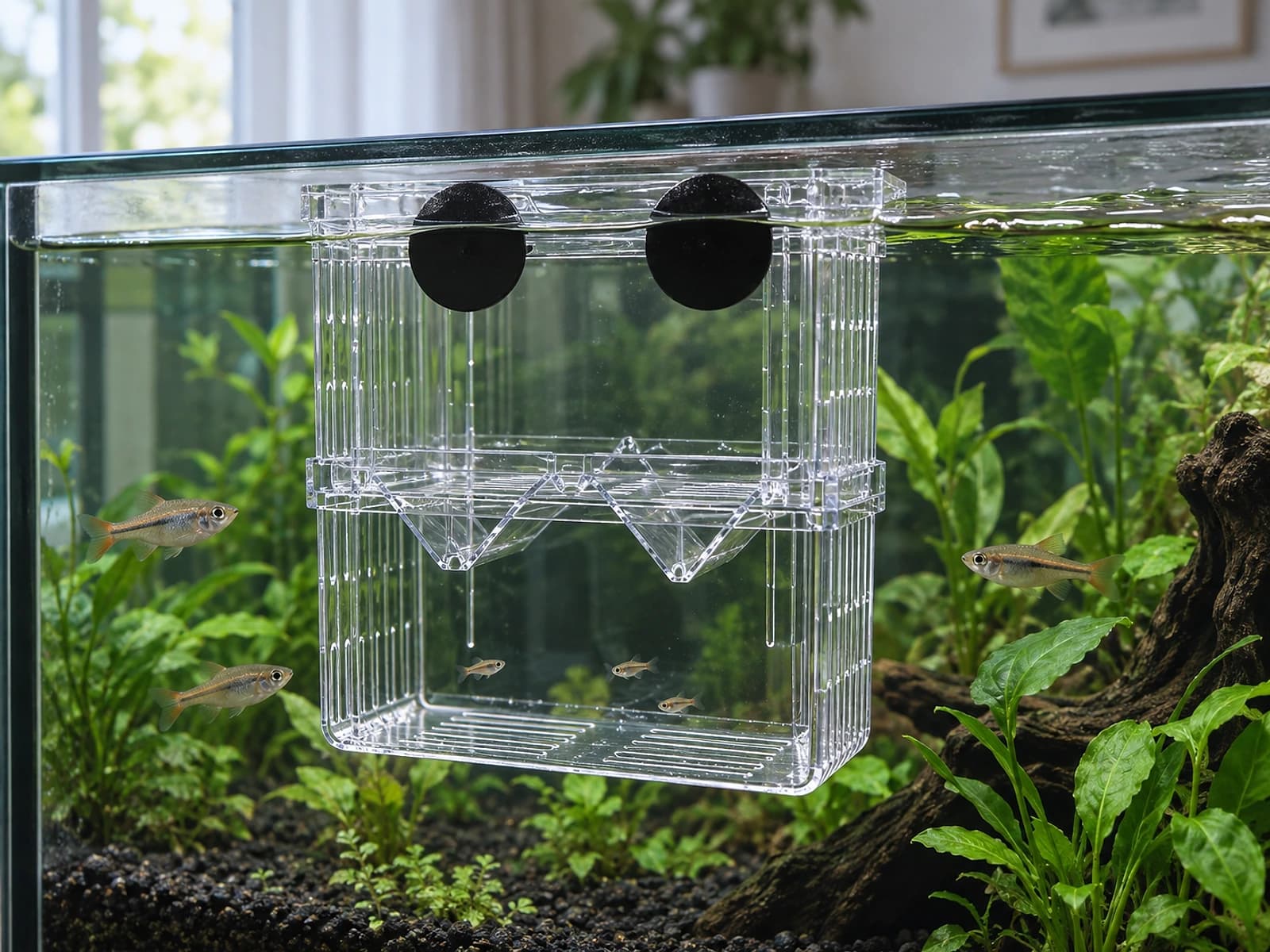 L'isoloir suspendu à la ligne d'eau dans un bac planté, vu à travers la vitre avant