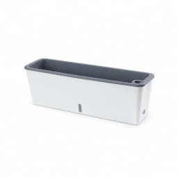 Jardinière rectangulaire blanche à rebord gris et fenêtre de niveau d'eau, vue de trois quarts sur fond blanc