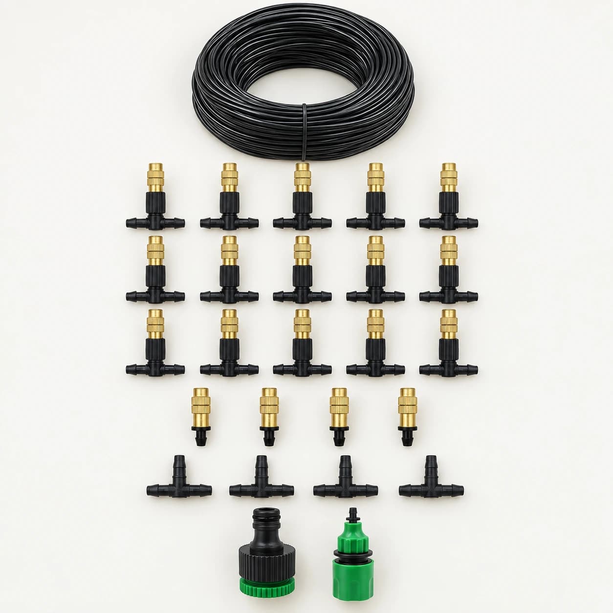 Contenu du kit avec tuyau, quinze buses montées et raccords supplémentaires