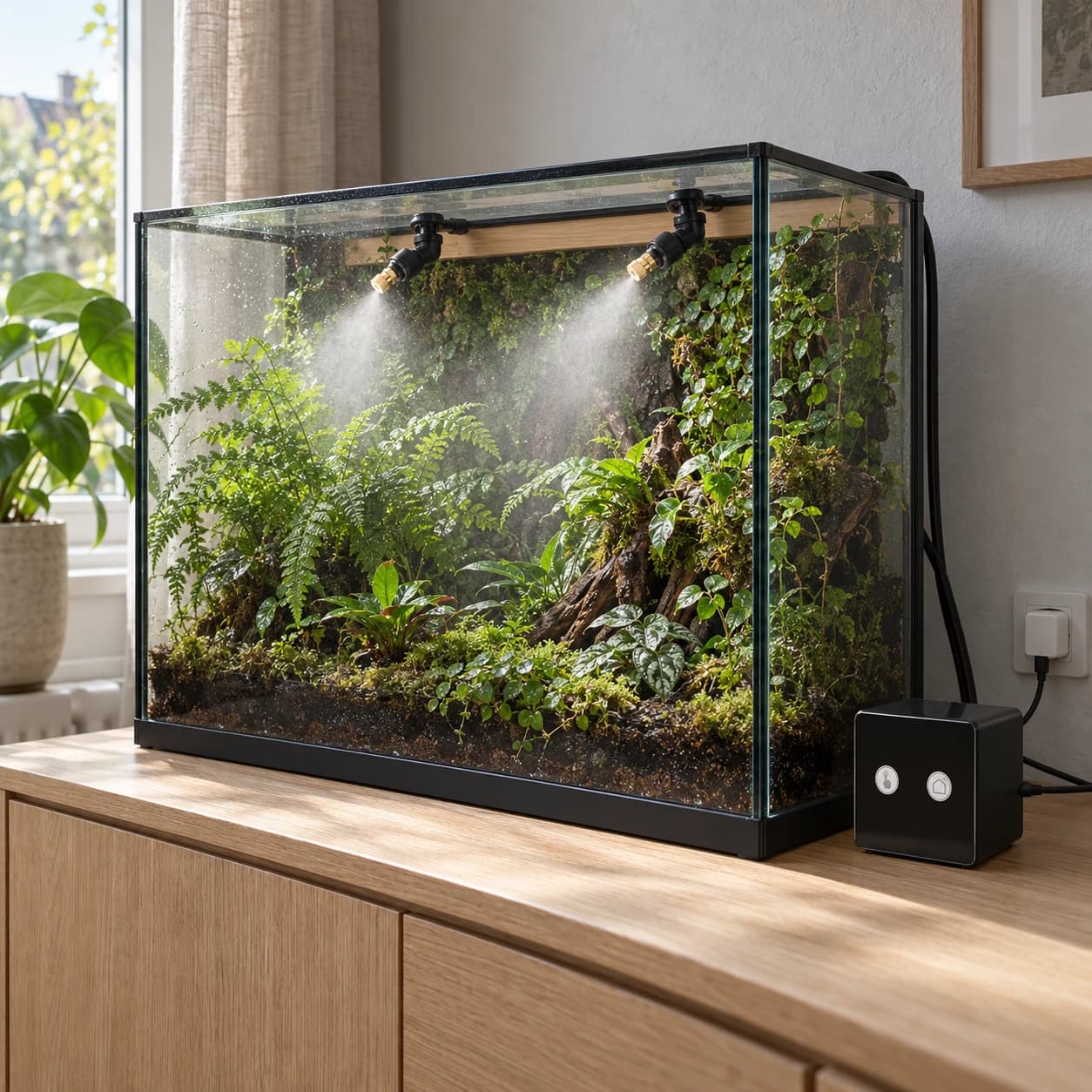 Kit de brumisation en marche dans un terrarium vitré sur un meuble en bois clair