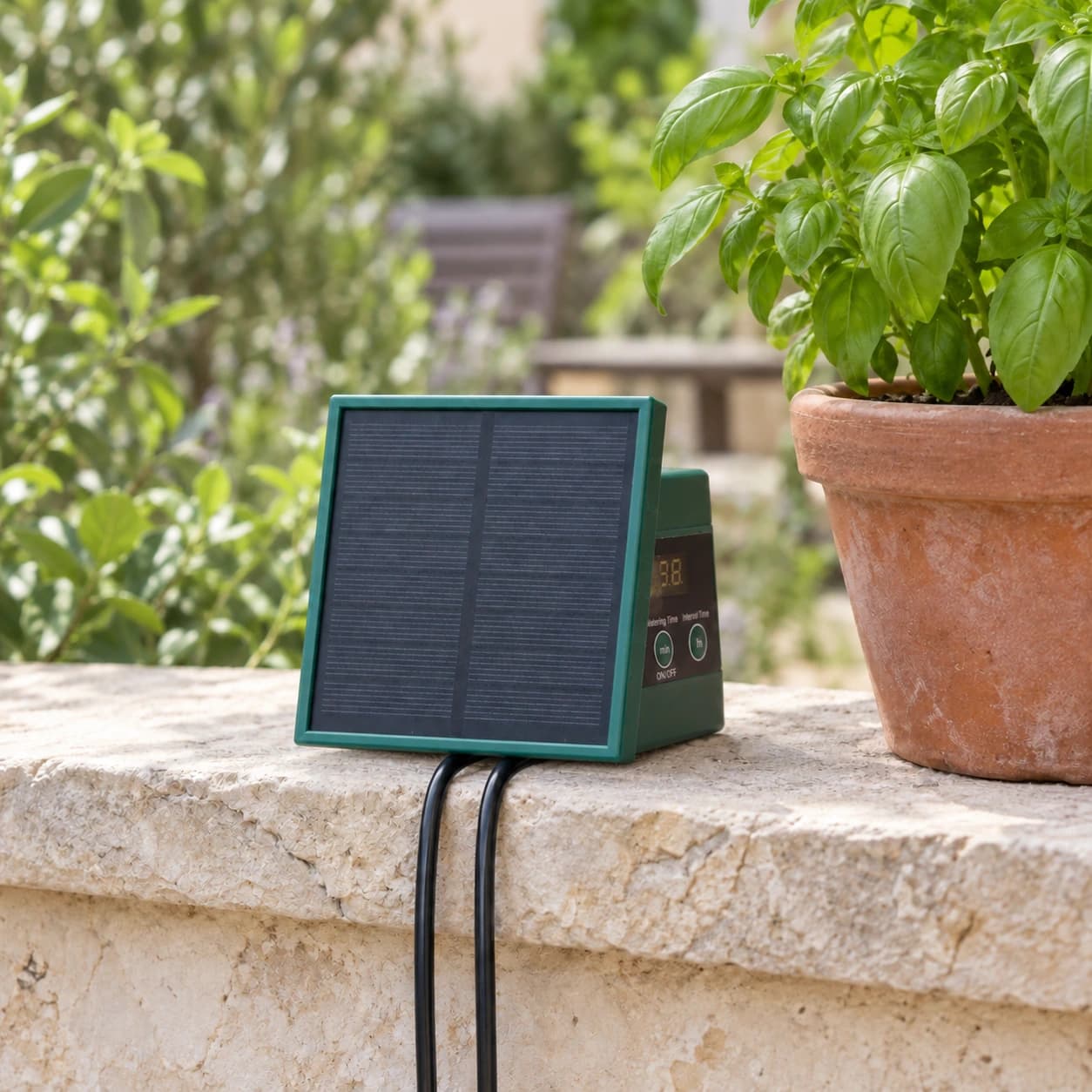 Boîtier solaire posé près des plantes sur une terrasse