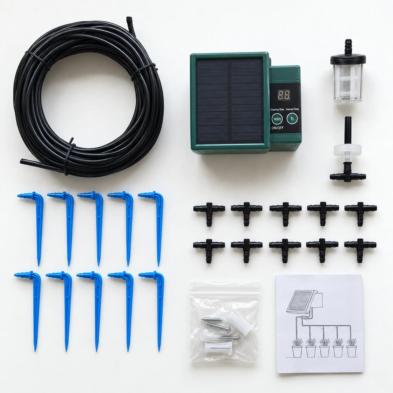 Kit solaire avec tuyau, dix piquets, raccords et accessoires