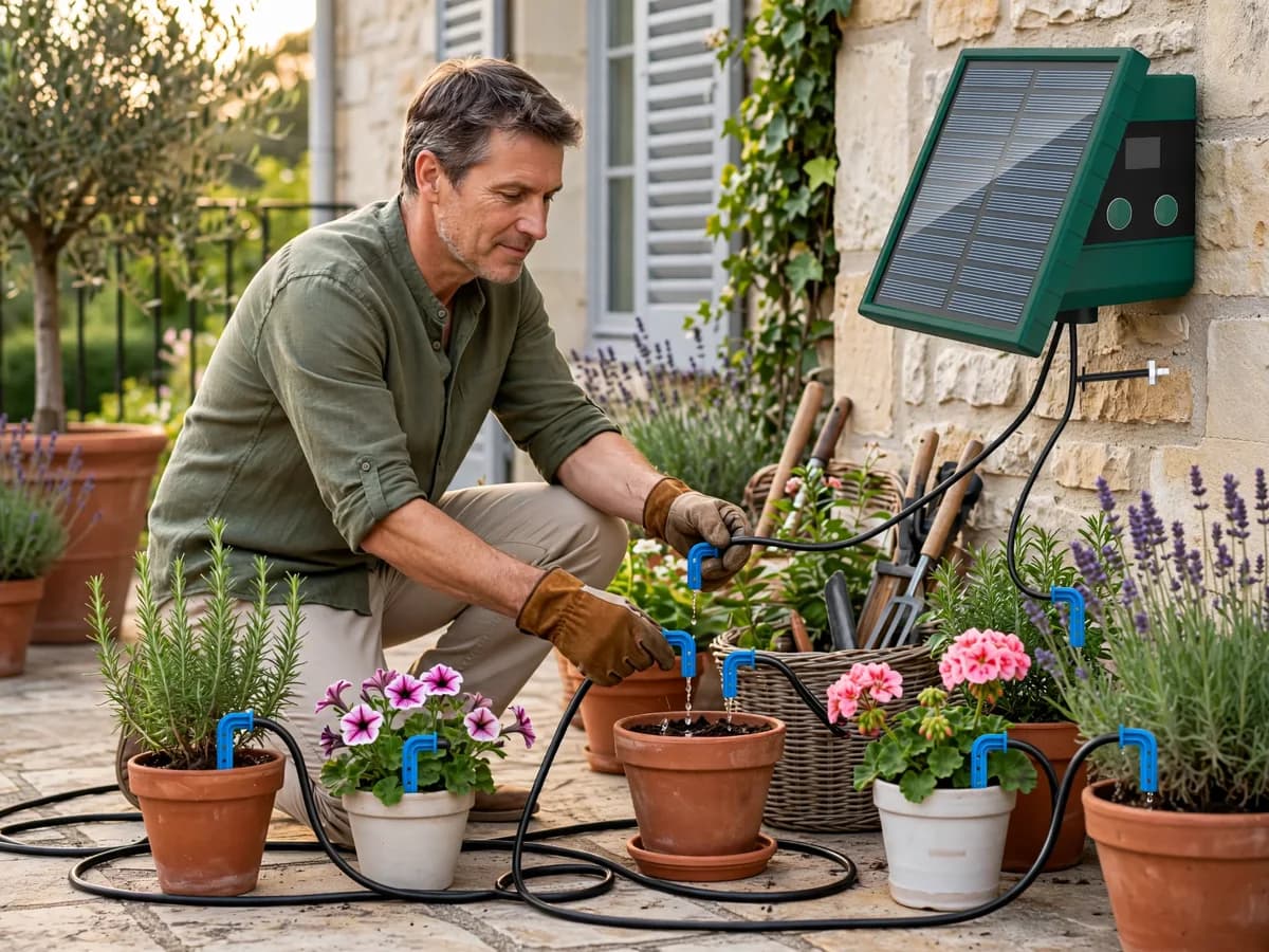 Ligne d'arrosage déroulée le long d'une rangée de pots sur une terrasse