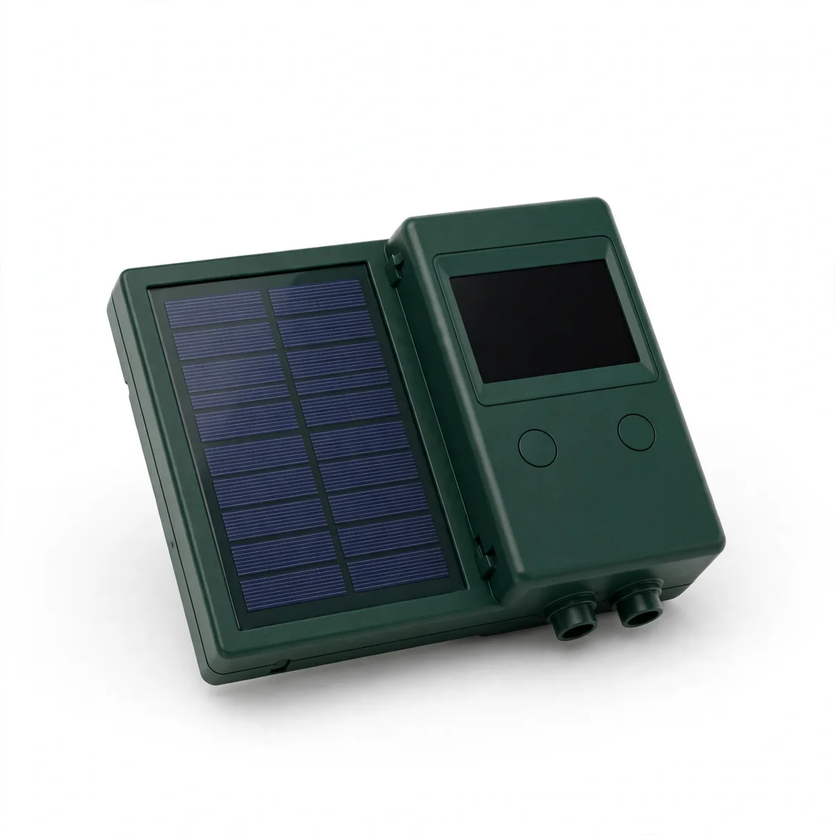 Bloc de commande solaire vert foncé avec écran digital, posé au jardin