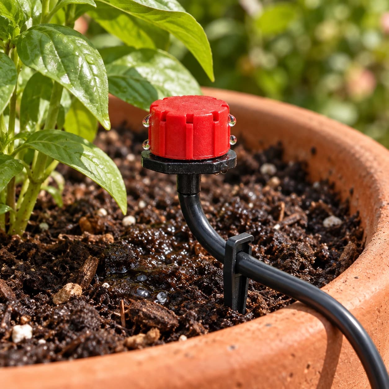 Goutteur installé au pied d’une plante en pot