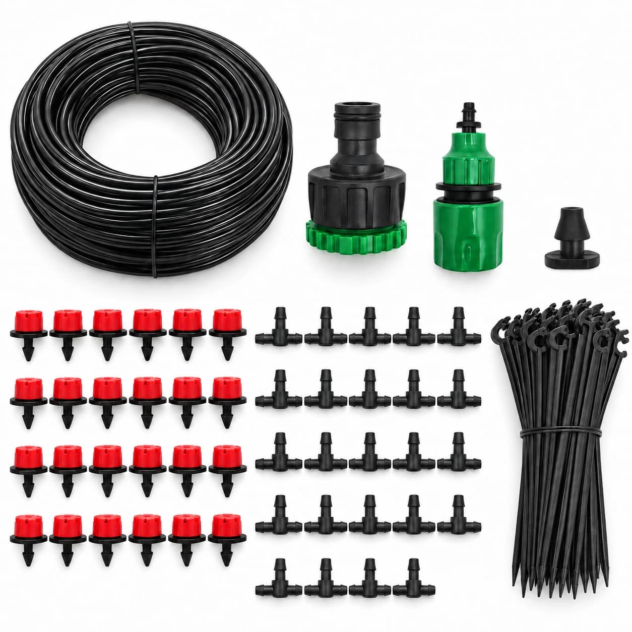 Contenu du pack 20 m avec 24 goutteurs, 24 raccords en T et 24 piquets