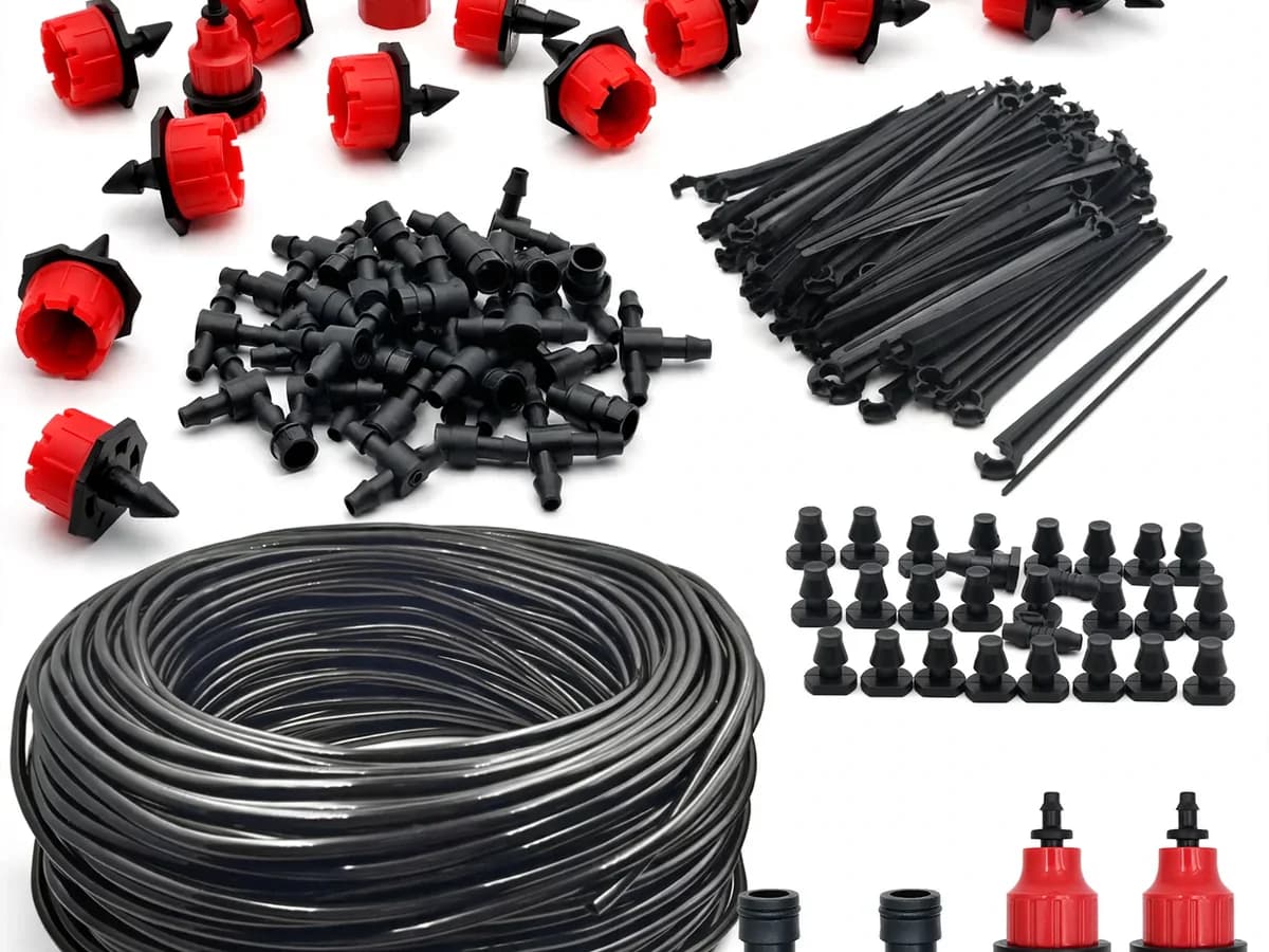 Raccords droits et raccords en T du kit de micro-irrigation posés à plat