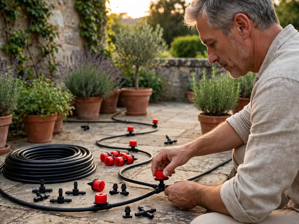 Ligne de micro-irrigation courant devant une rangée de jardinières sur une terrasse