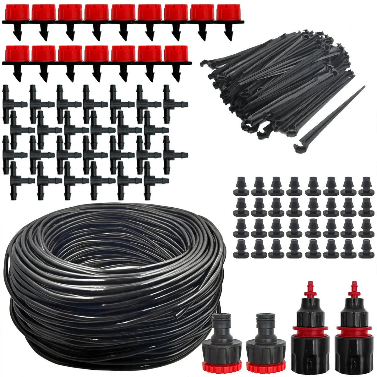 Kit de micro-irrigation avec tuyau noir enroulé et goutteurs réglables rouges sur piquets