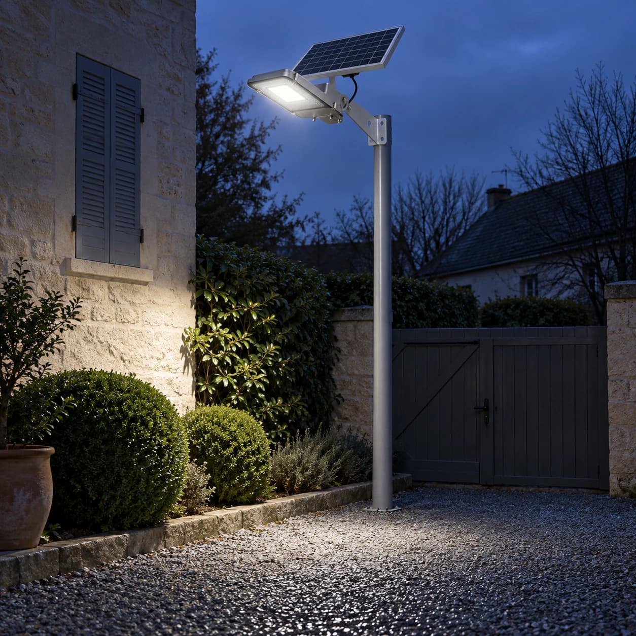 De nuit, le lampadaire solaire allumé sur son mât éclaire une cour en gravier devant une maison en pierre