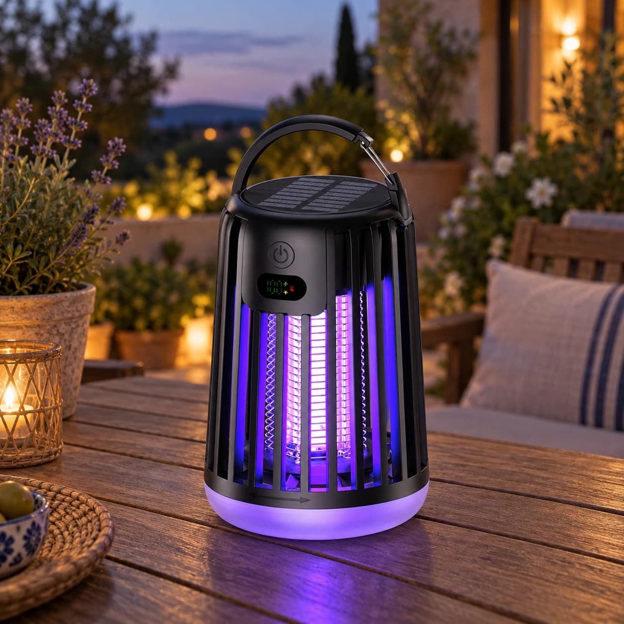 Lampe anti-moustique posée sur table de jardin en terrasse en soirée