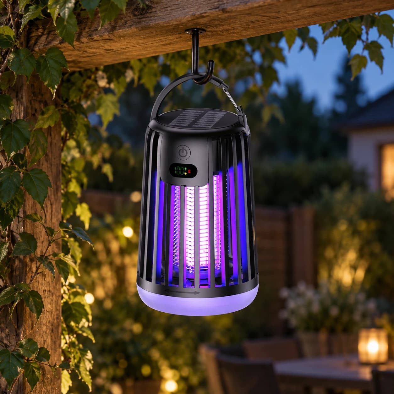Lampe anti-moustique suspendue sous une pergola de jardin