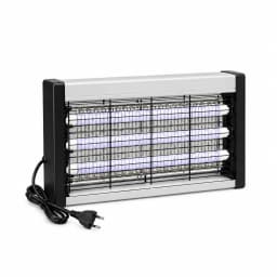 Lampe anti-moustique UV à brancher, boîtier argent et noir à façade grillagée, câble et prise UE