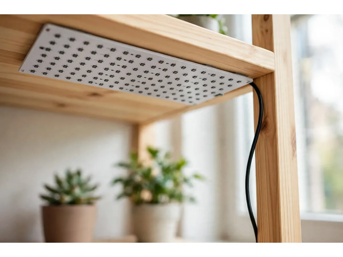 Vue de profil sous la tablette montrant l'encombrement quasi nul de la plaque au dessus des pots