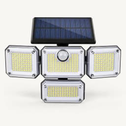 Lampe solaire noire à quatre têtes orientables, panneau intégré et capteur rond central, sur fond blanc