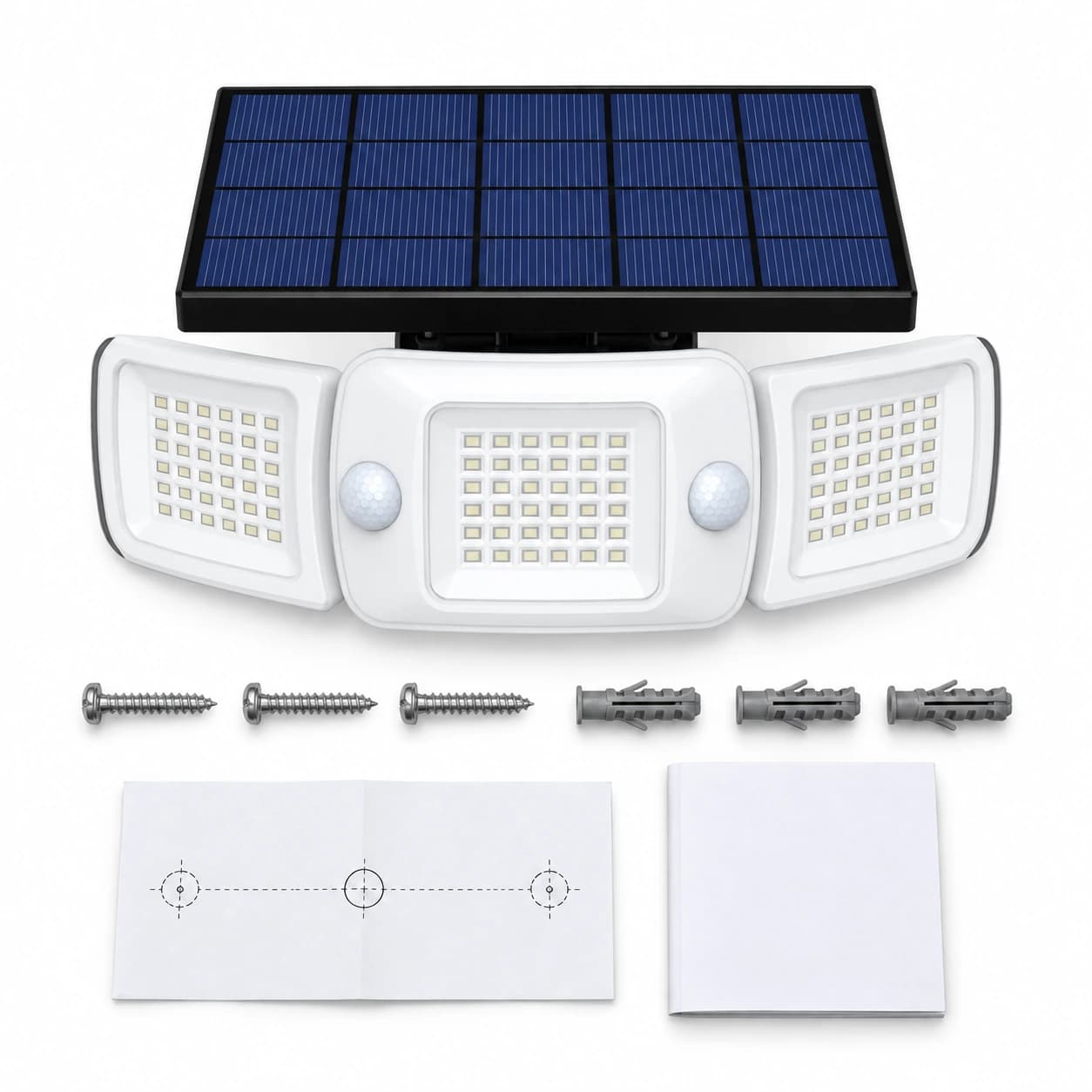 Contenu du colis posé à plat : lampe solaire, trois vis, trois chevilles, gabarit de perçage et notice