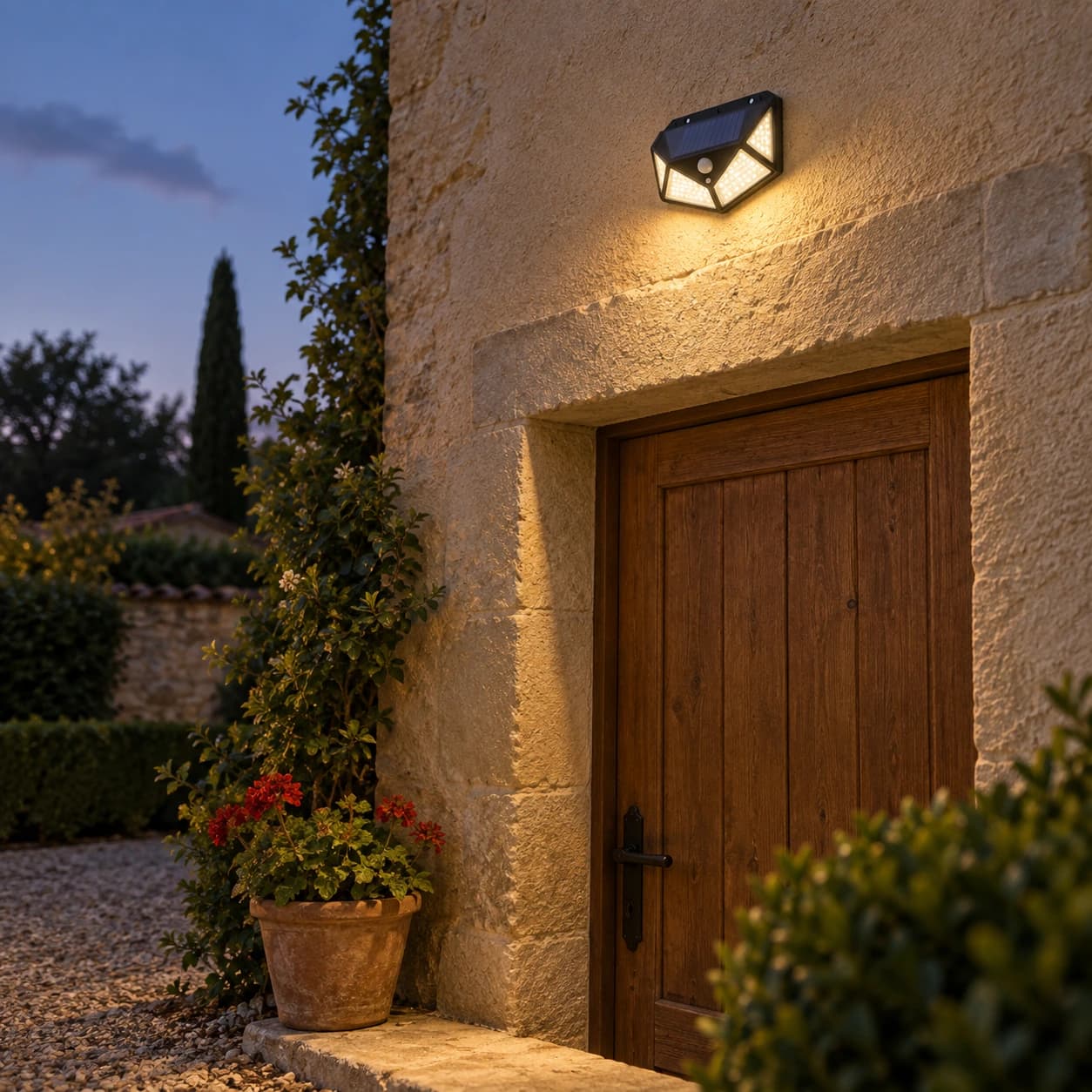 Applique solaire allumée au-dessus d'une porte en bois, sur un mur en pierre au crépuscule