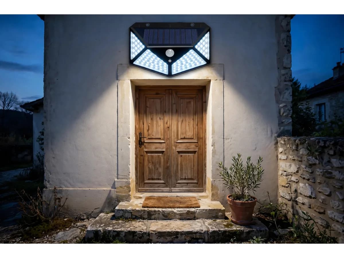 De nuit, l'applique fixée au-dessus d'une porte d'entrée en bois, faisceau blanc descendant sur le pas de porte et les premières marches