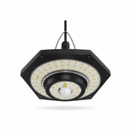 Lampe solaire suspendue noire à pans, 228 LED en couronnes et dôme du détecteur sur fond blanc