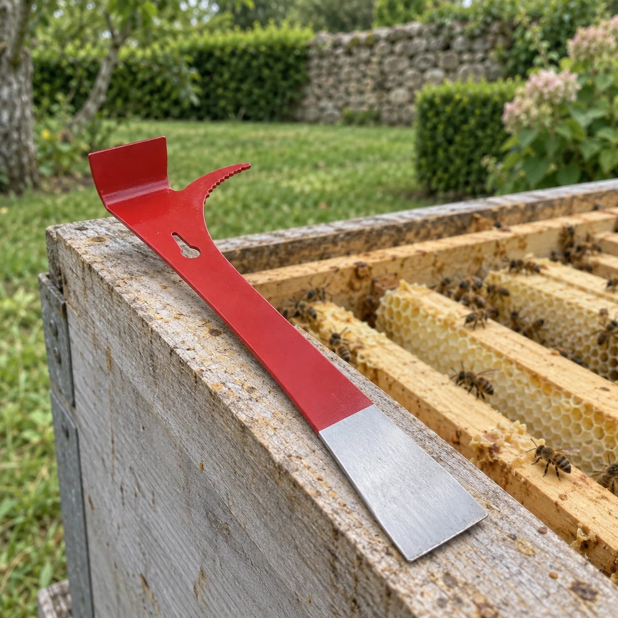 Le levier-grattoir apicole posé sur le corps d'une ruche ouverte, cadres de cire et abeilles, jardin français