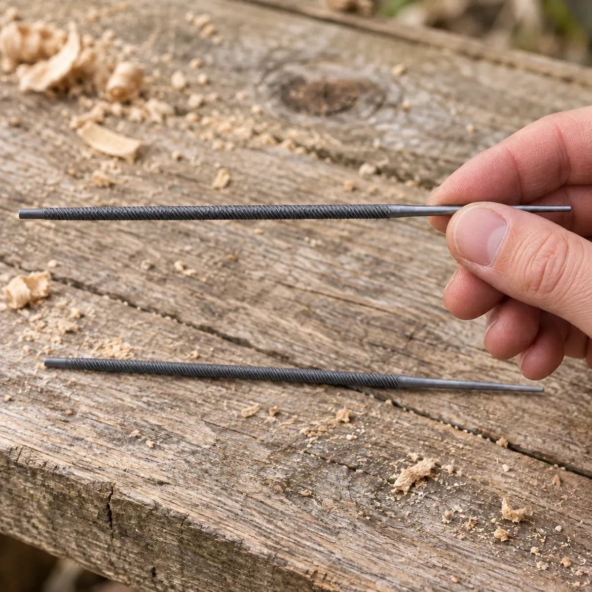 Lime ronde tenue entre le pouce et l'index, à l'échelle de la main, sur un établi en bois
