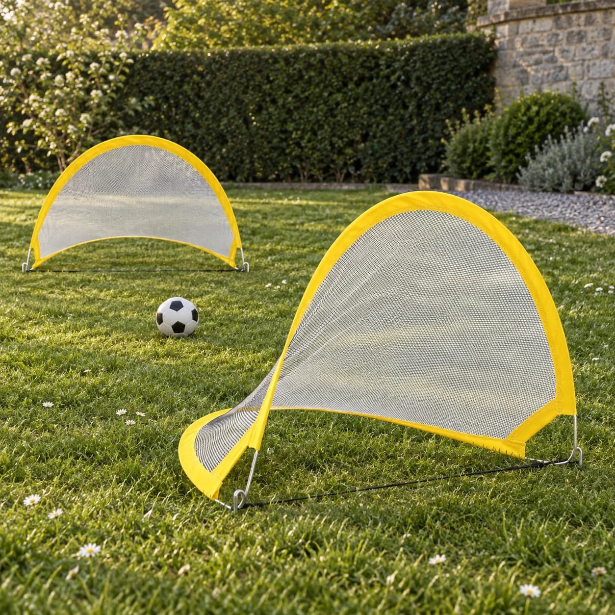 Les deux buts déployés face à face sur une pelouse de jardin, un ballon posé entre eux