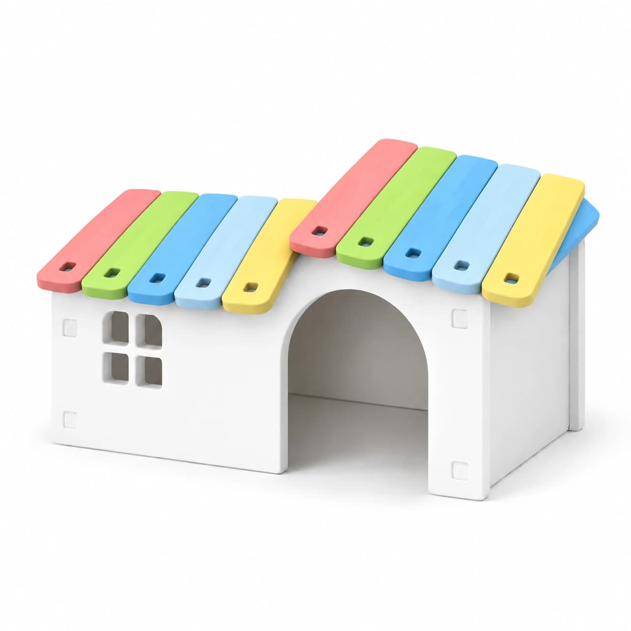 La cabane en arche vue de trois quarts sur fond blanc, toit de tuiles pastel et entrée cintrée