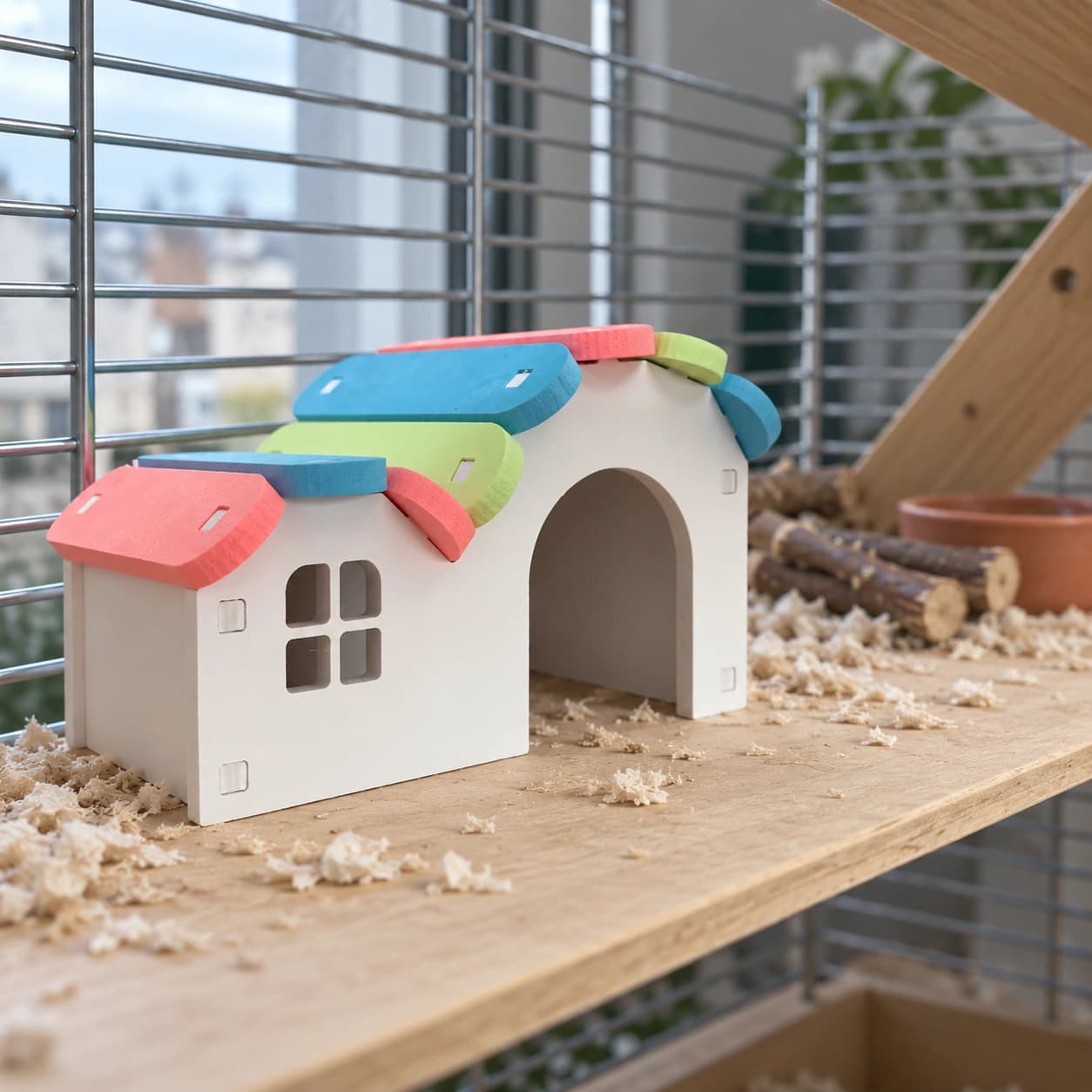 La cabane posée sur l'étagère en bois d'une cage, près de la litière et des bâtonnets de hêtre