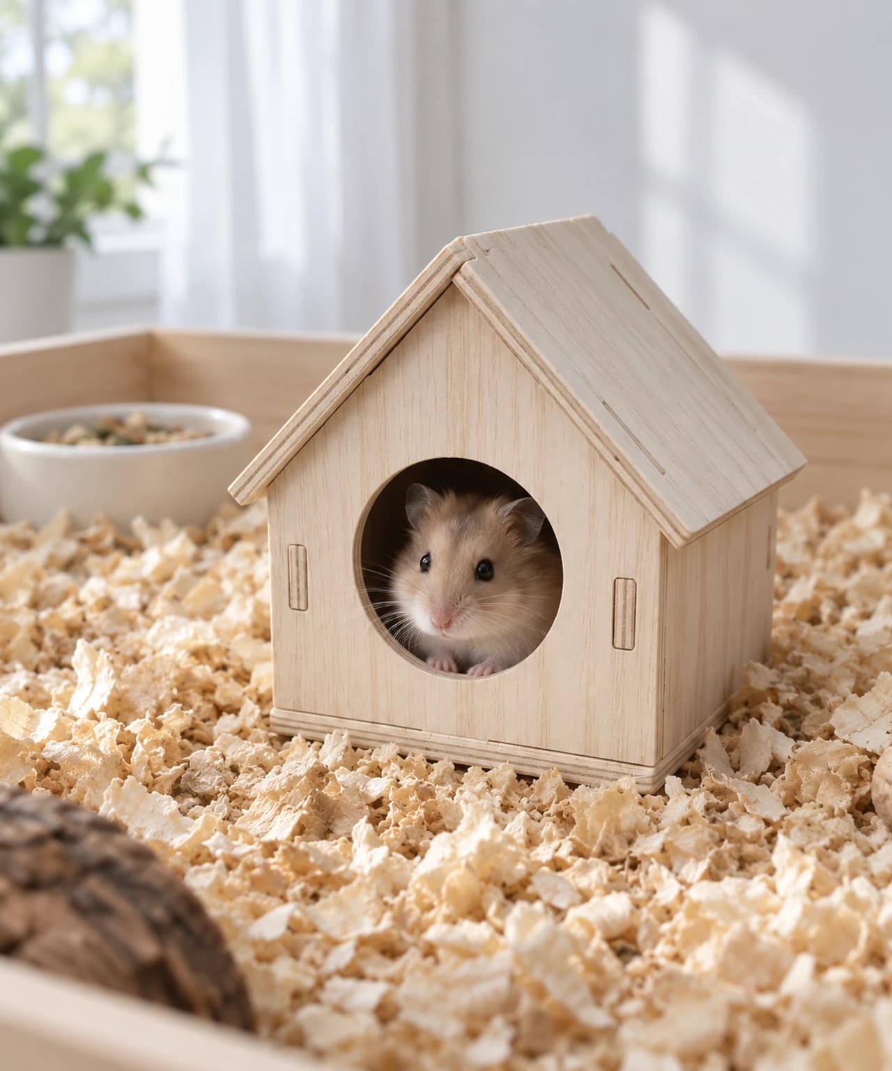 Hamster doré sortant la tête par l'entrée ronde de la maison posée sur la litière