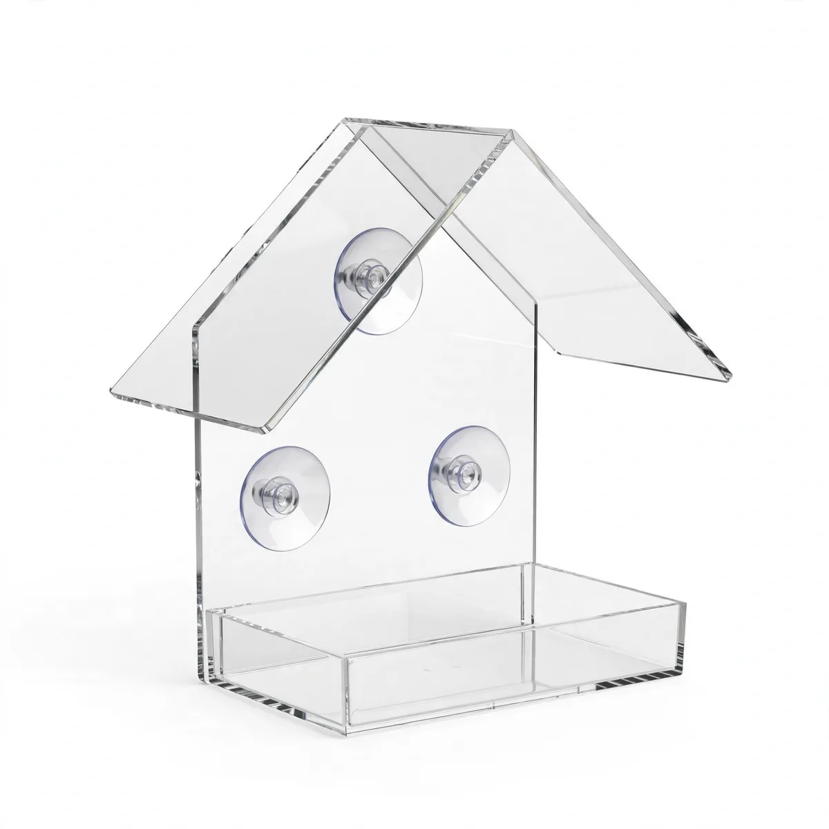Mangeoire de fenêtre entièrement transparente en forme de maison, toit à deux pans, bac ouvert et trois ventouses