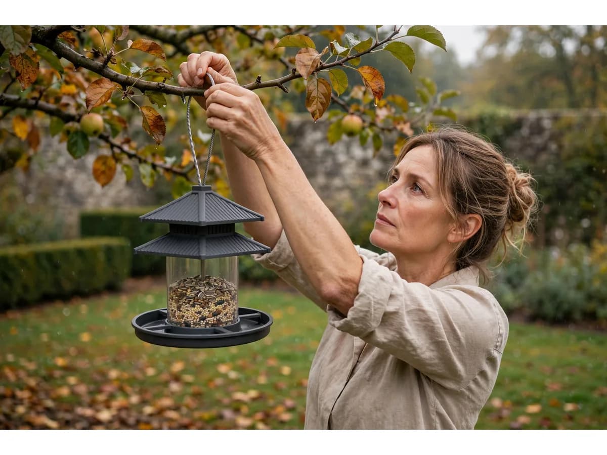 Une personne accroche la mangeoire à une branche de pommier, feuillage et fruits d'automne autour
