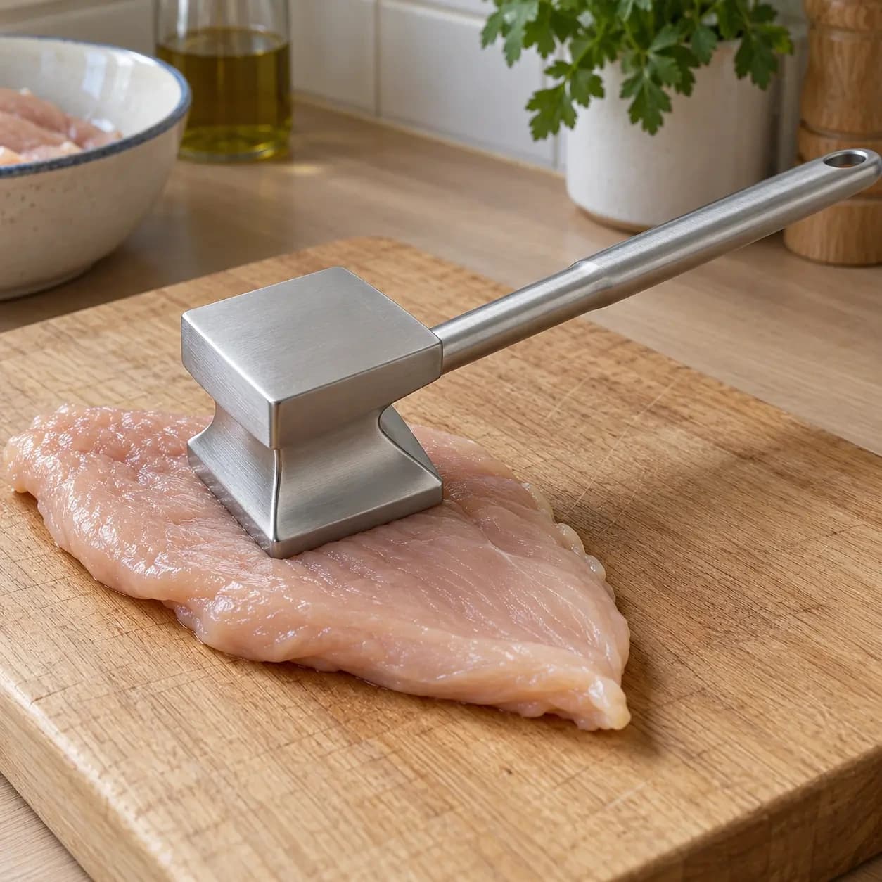 Face pleine du marteau posée sur une poitrine de volaille crue étalée sur une planche en bois