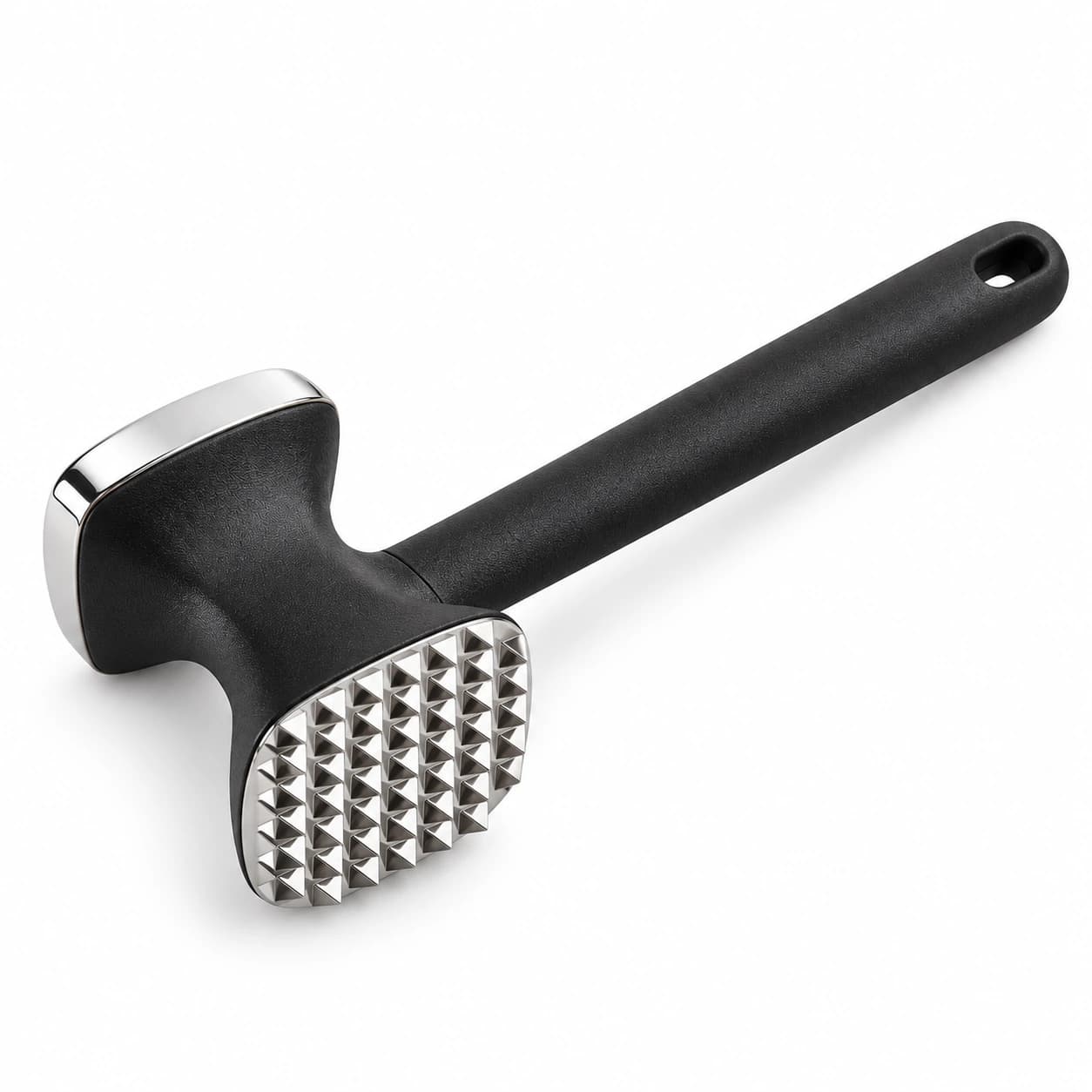 Marteau à viande noir entier, face à picots argentée, vu de trois quarts sur fond blanc