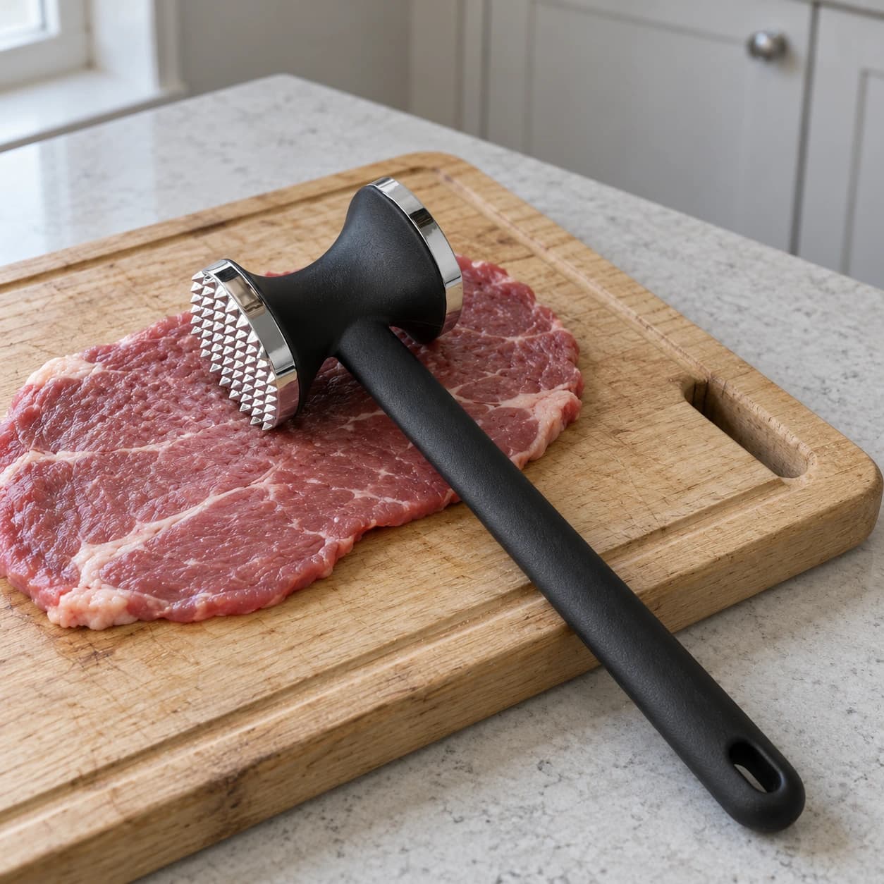 Marteau à viande posé sur une escalope crue sur une planche en bois, avant la frappe