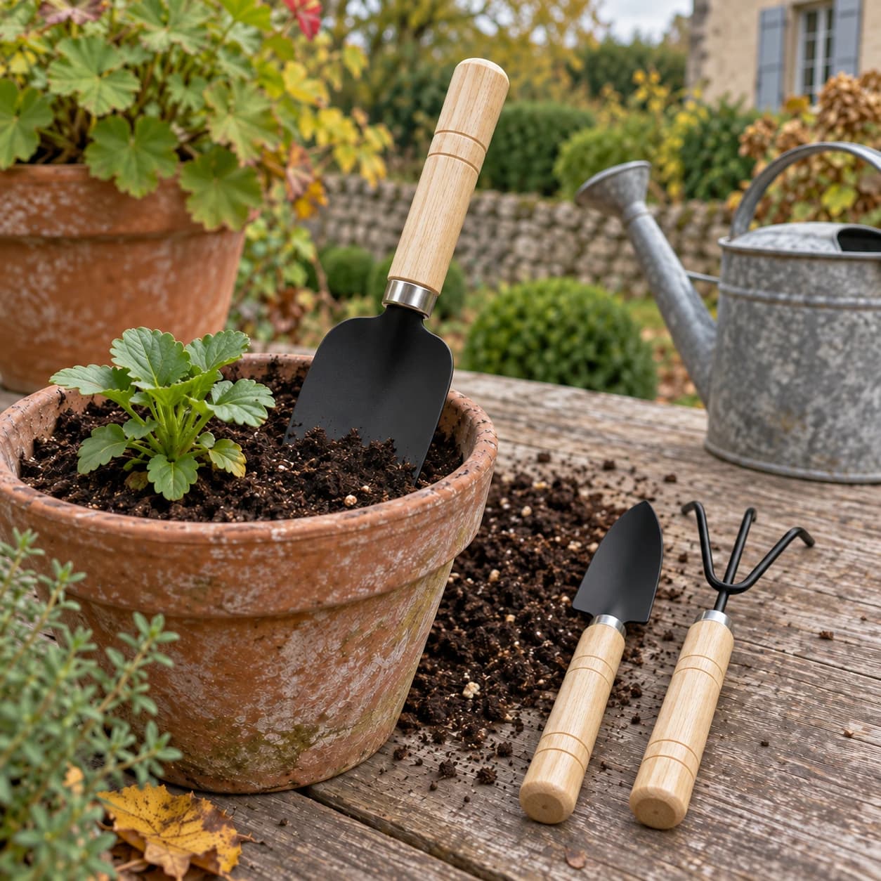 Truelle large du mini kit plantée dans un pot en terre, près d'une truelle étroite et d'un râteau posés