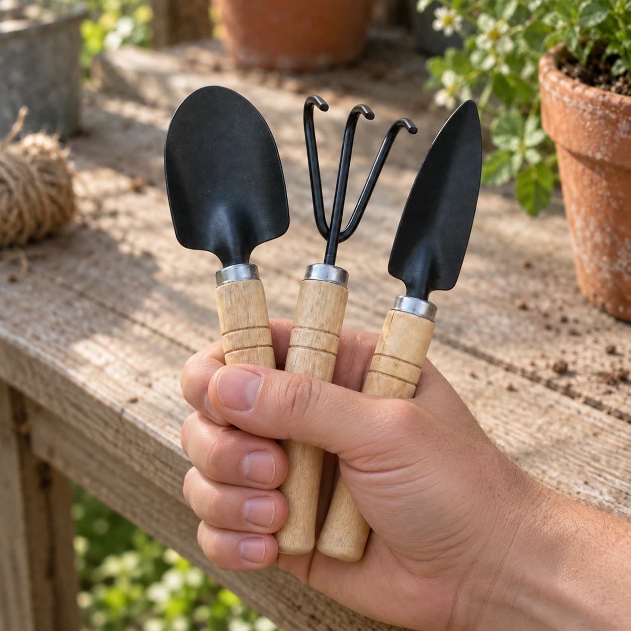 Les trois outils du mini kit tenus dans une main par leurs manches en bois tourné, têtes noires en éventail