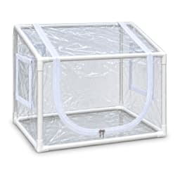 Mini serre compacte à armature blanche et housse transparente, ouverture frontale en U fermée