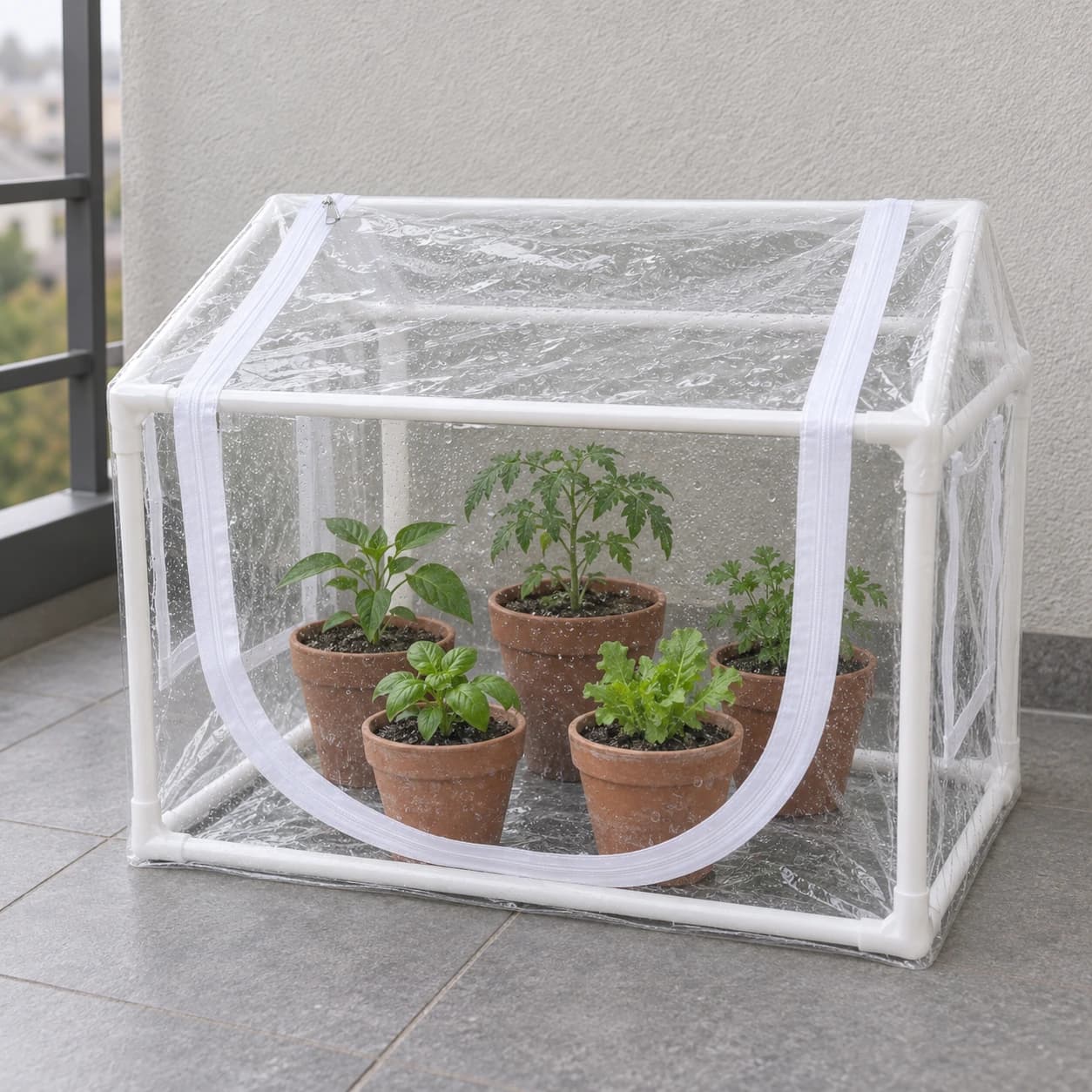 Jeunes plants en pot abrités sous la housse transparente, condensation sur les parois