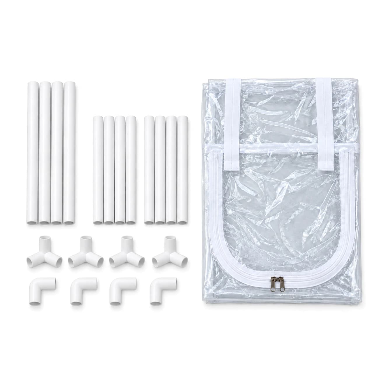 Contenu du kit mini serre : tubes blancs, raccords et housse transparente pliée
