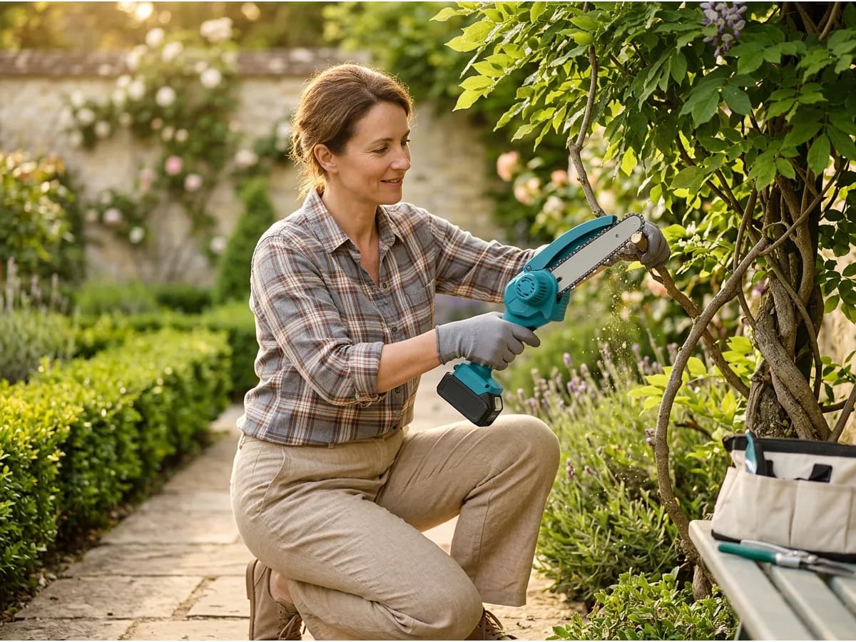 Taille d'une branche au jardin avec la machine tenue à une main gantée