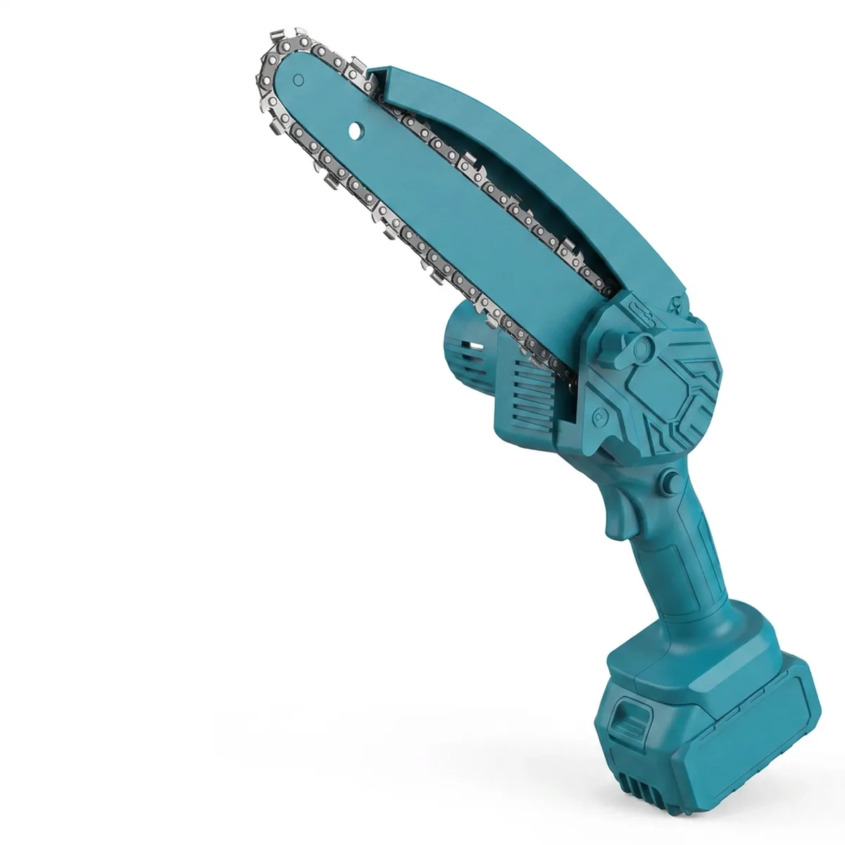 Mini tronçonneuse sans fil à une main posée près de son coffret rigide ouvert