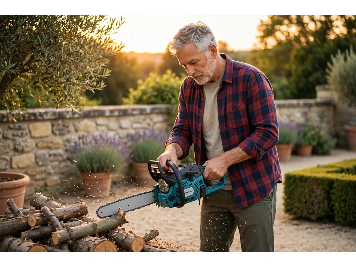 Débit de petit bois de chauffage avec la scie à chaîne compacte posée sur un rondin