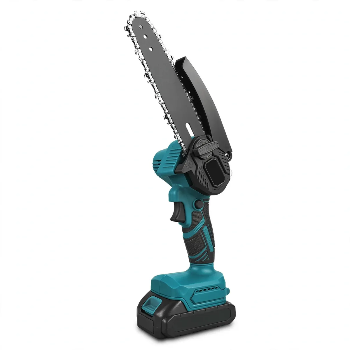 Mini tronçonneuse sans fil bleu canard et noire, guide-chaîne plat et garde anti-projection