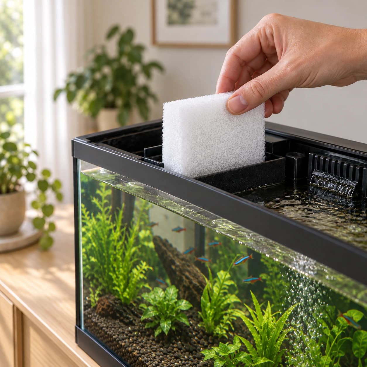 Plaque de mousse filtrante taillée glissée dans le compartiment d’un filtre d’aquarium